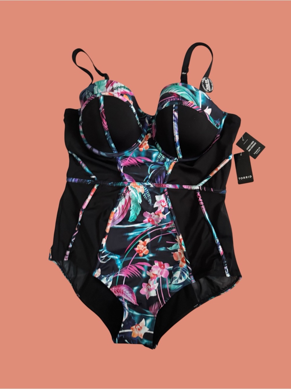 torrid Black One-Piece Swimsuit with Tropical Floral Panels